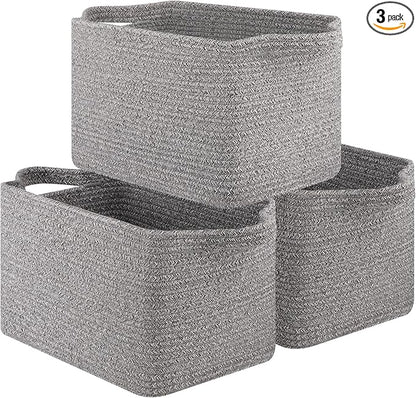 OIAHOMY Storage Basket, Woven Baskets for Storage, Cotton Rope Basket for toys,Towel Baskets for Bathroom - Pack of 3, Light Grey