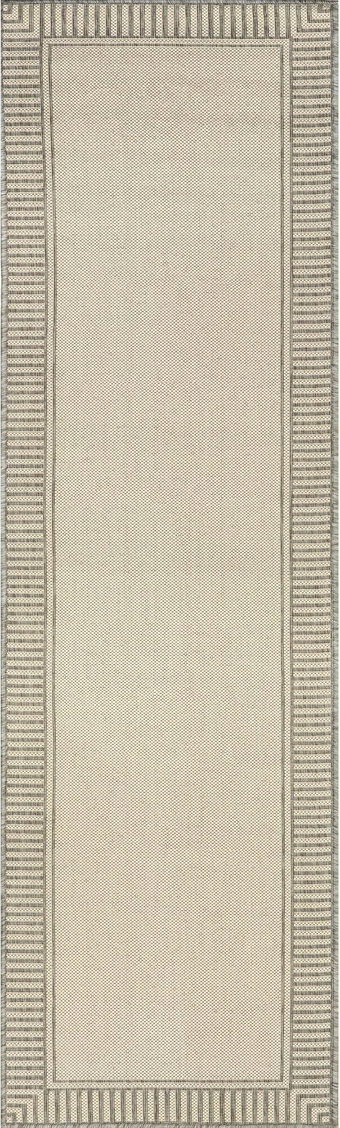 nuLOOM 2' x 8' Outdoor Area Rug, Casual Design with Striped Border, Stain Resistant, Highly Durable, for Patio, Balcony, Bedroom, Living Room, Dining Room, Bathroom, Light Grey