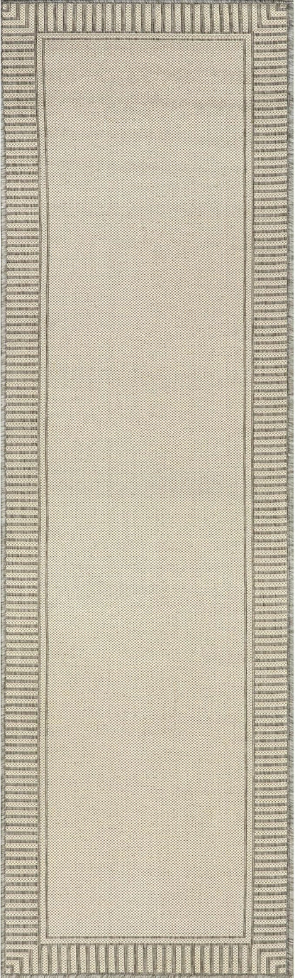 nuLOOM 2' x 8' Outdoor Area Rug, Casual Design with Striped Border, Stain Resistant, Highly Durable, for Patio, Balcony, Bedroom, Living Room, Dining Room, Bathroom, Light Grey