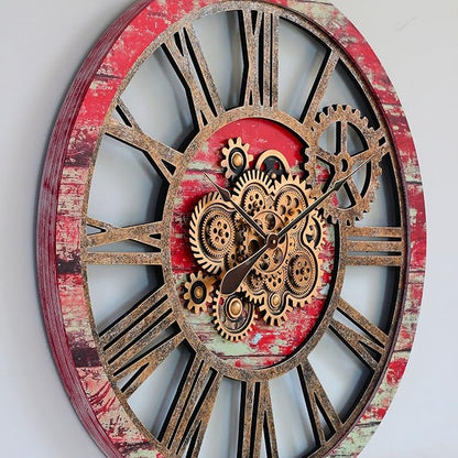 The Gears Clock 36'' Inch Real Moving Gear Wall Clock Vintage Industrial Oversized Rustic Farmhouse (Red Lava)