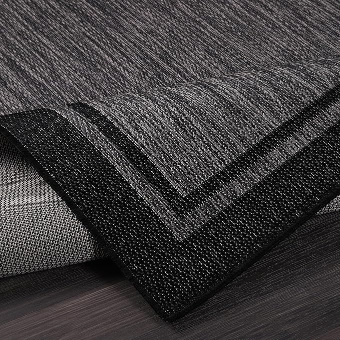 CAMILSON Indoor Outdoor Rug, 10x14 Bordered Dark Grey Black Modern Large Area Rugs for Indoor and Outdoor Patios, Kitchen and Hallway Mats, Washable Porch Deck Outside Carpet (Bordered Black, 10 x 14)