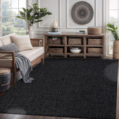 CAMILSON Easy Jute Rug 6x9, Indoor Outdoor Dark Gray Black Farmhouse Area Rugs for Living Room Patio and Kitchen Rug, Solid Boho Woven Design, Easy-Cleaning, Washable Outside Carpet Alfombras (6 x 9)