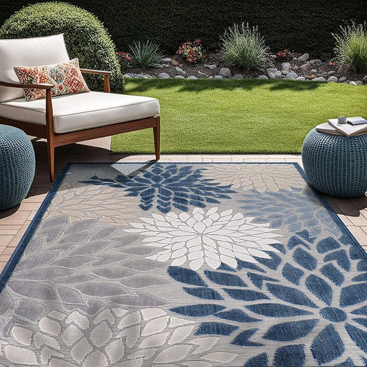 Beverly Rug Outdoor Rug 6x9 Modern Floral Tropical Area Rugs for Indoor and Outdoor Patio Easy to Clean Non Shedding Living Room Porch Garden Washable Outside Carpet (6 x 9 Blue)