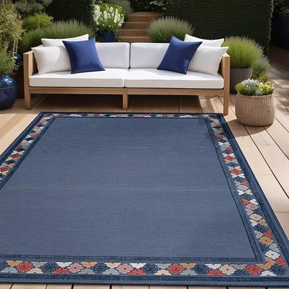 Beverly Rug Outdoor Rug 6x9 Modern Bordered Area Rugs for Indoor and Outdoor Patio Easy to Clean Non Shedding Living Room Porch Garden Washable Outside Carpet (6 x 9 Blue)