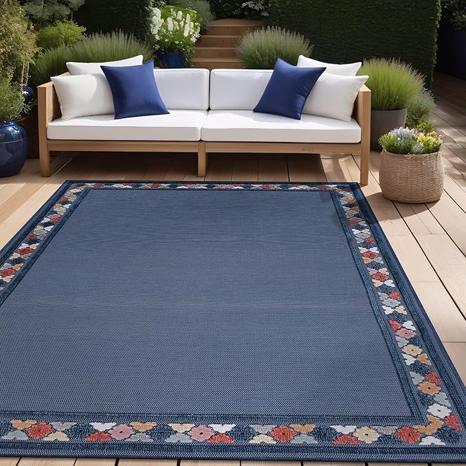 Beverly Rug Outdoor Rug 9x12 Modern Bordered Large Area Rugs for Indoor and Outdoor Patio Easy to Clean Non Shedding Living Room Porch Garden Washable Outside Carpet (9 x 12 Blue)