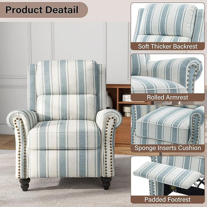 UIXE Pushback Recliner Chairs Set of 2, Fabric Armchair Push Back Accent Chair, Rivet Trim Club Chair Home Theater Overstuffed Single Sofa Reading Seat for Living Room, Stripe Blue