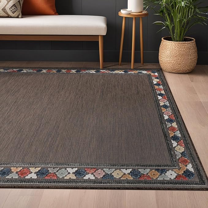 Beverly Rug Outdoor Rug 4x6 Modern Bordered Area Rugs for Indoor and Outdoor Patio Easy to Clean Non Shedding Living Room Porch Garden Washable Outside Carpet (4 x 6 Brown)