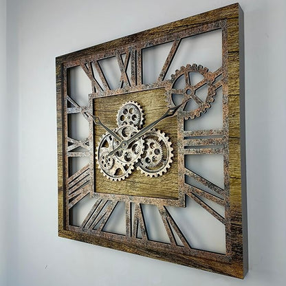 The Gears Clock 24'' Inch Square Real Moving Gear Wall Clock Vintage Industrial Oversized Rustic Farmhouse (Gold Antique)
