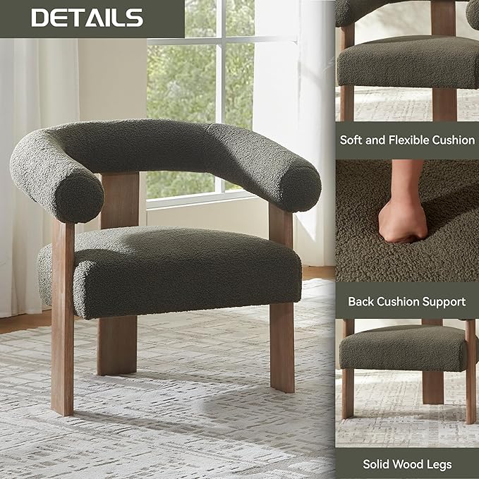 VKNOW Accent Chairs Living Room Chairs, Modern Upholstered Armchair with Solid Wood Legs, Comfy Barrel Arm Chairs for Living Room Office, Sage Green