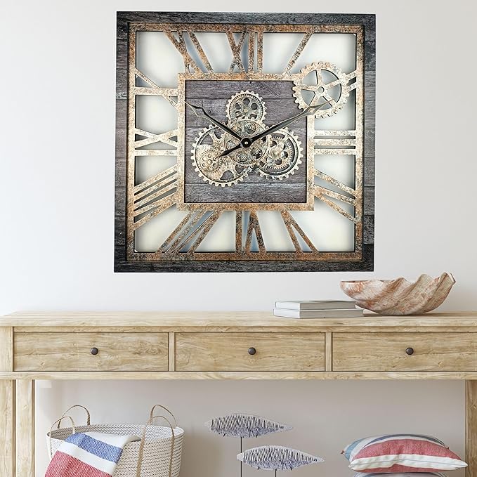 The Gears Clock 24'' Inch Square Real Moving Gear Wall Clock Vintage Industrial Oversized Rustic Farmhouse (Carbon Grey)