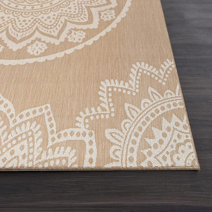 CAMILSON Outdoor Rug 6x9 Modern Area Rugs for Indoor and Outdoor Patios and Porches - Waterproof, Washable, Non-Shedding, Easy-to-Clean Outside Carpet (6 x 9, Medallion - Beige/White)