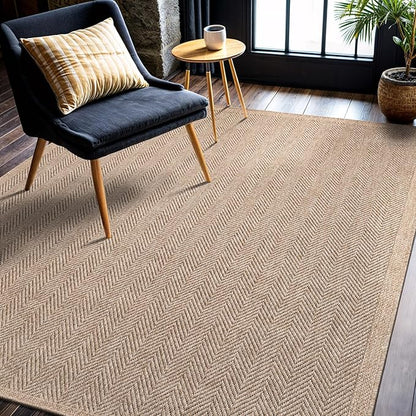 CAMILSON Easy Jute Rug 4x6, Indoor Outdoor Natural Color Fiber Area Rugs for Living Room Patio and Kitchen Rug Herringbone Seagrass Woven Design Easy-Cleaning Washable Outside Carpet Alfombras 4 x 6