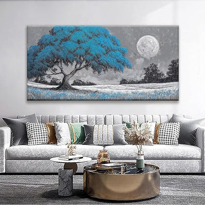 TAIJXAGSG Wall Art Blue Tree Moon Picture Canvas Art Wall Decor Artwork Abstract Canvas Print Painting Nature For Living Room Bedroom Bathroom Office Home Wall Decor 29"X 58"Can Be Hung Directly