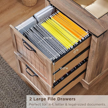 RedLemon Bookcase with 2 File Drawers, 72" Tall Farmhouse Bookshelf with Storage and Adjustable Shelves, 4 Tier Rustic Wood Bookshelf with Cabinet for Home Office, Living Room (Rustic Natural Oak)