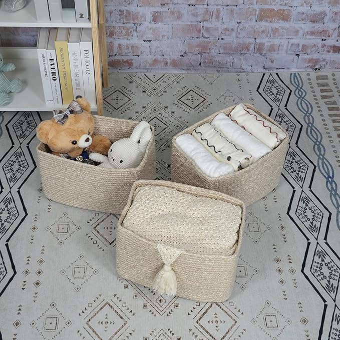 Rope storage Basket Bins Woven Basket for Organizing Shelves Rectangle Decorative Baskets For storage Clothes Toys Books Towels Square Wicker Nursery basket organizer 3 pack Oatmeal