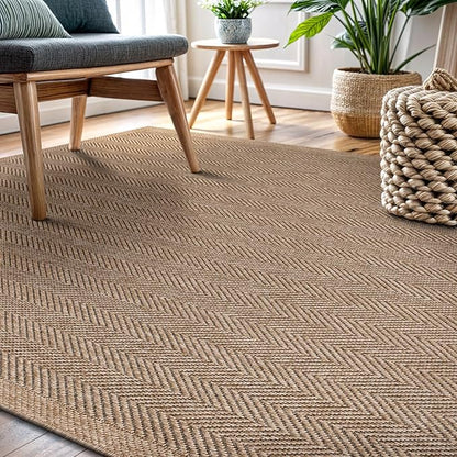 CAMILSON Easy Jute Rug 6x9, Indoor Outdoor Natural Color Fiber Area Rugs for Living Room Patio and Bedroom Rug Herringbone Seagrass Woven Design Easy-Cleaning, Washable Outside Carpet Alfombras 6 x 9