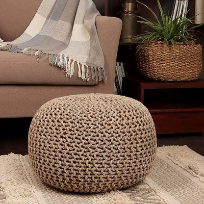 REDEARTH Round Pouf Ottoman - Hand Knitted Cable Boho Poof Home Décor Pouffe Circular Footrest for Living Room - Nursery - Bedroom - Lounge 100% Cotton (19.5"x19.5"x14") - Beige Ivory