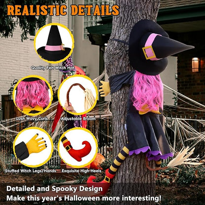 POPGIFTU 51" Halloween Crashing Witch Decoration – Pink Flying Witch for Tree, Yard, Porch, and Indoor Outdoor Halloween Décor