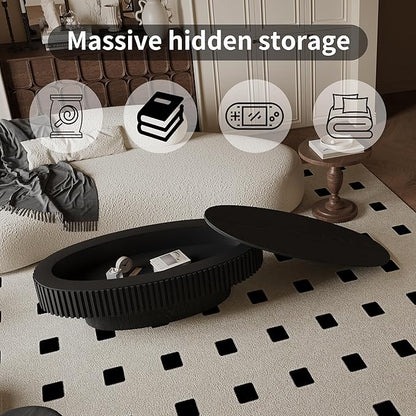 47.2''Oval Coffee Table with Storage, Mid Century Modern Fluted Drum Center Tables with Lid, Solid Wood Side Pedestal Coffee Table Tea Table for Living Room, Bedroom, Apartment-Black
