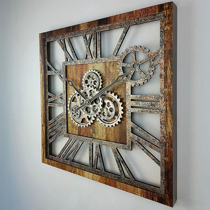 The Gears Clock 24'' Inch Square Real Moving Gear Wall Clock Vintage Industrial Oversized Rustic Farmhouse (Vintage Brown)