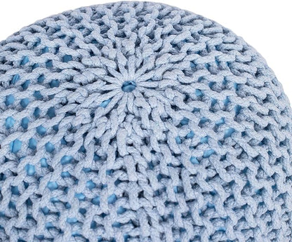 BIRDROCK HOME Round Pouf Ottoman | Cotton Braided Foot Stool with Bean Bag Filling | Boho Foot Rest for Living Room & Bedroom | Compact & Comfortable Seating, Lightweight & Soft | Soft Blue