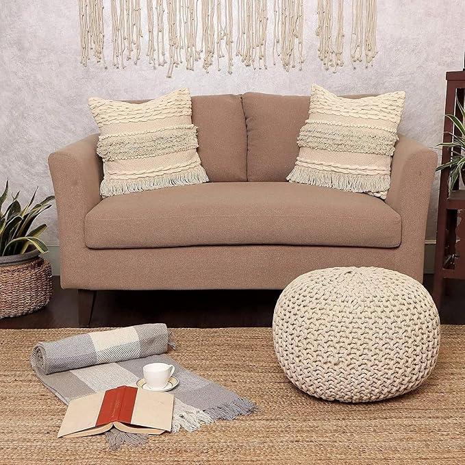 REDEARTH Round Pouf Ottoman - Cable Knitted Boho Poof - Home Décor Cord Pouffe Handmade Circular Footrest for Living Room - Bedroom - Kids Bedroom - 100% Cotton Pouf (19.5"x19.5"x14") - Natural