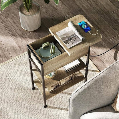WLIVE End Table with Charging Station, Flip Top Side Table with Storage Shelf, Sofa Couch Table with USB Ports and Outlets, Narrow Bedside Table for Living Room, Bedroom Nightstand, Greige