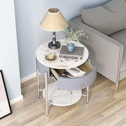 OIOG Round Side Table with Drawer, Modern Nightstand with Shelf and Chrome Finish Metal Legs, 2 Tier End Table for Living Room, Bedroom, Office, Marbling Natural Stone/Silver