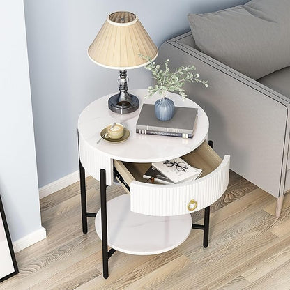 OIOG Round End Table with Drawer, Modern 2 Tier NightStand with Shelf, Small Side Table with Sintered Stone Tabletop for Living Room, Bedroom, Dorm, and Office, Marbling Natural Stone/White