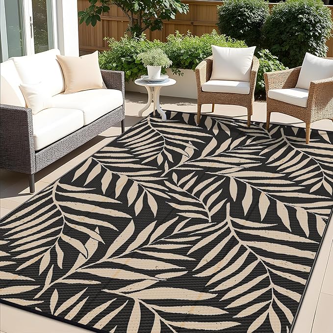 OLANLY Waterproof Outdoor Rug 8x10 ft, Reversible Outdoor Plastic Straw Rug with Leaf Pattern, RV Mat, Indoor Outdoor Carpet for Patio, Camping, Balcony, Deck, Backyard, Black & Beige