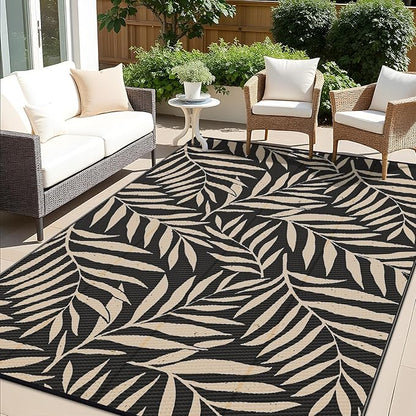 OLANLY Waterproof Outdoor Rug 8x10 ft, Reversible Outdoor Plastic Straw Rug with Leaf Pattern, RV Mat, Indoor Outdoor Carpet for Patio, Camping, Balcony, Deck, Backyard, Black & Beige