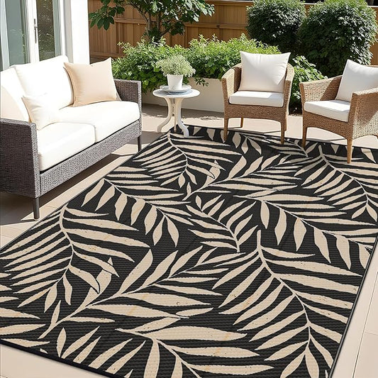 OLANLY Waterproof Outdoor Rug 9x12 ft, Reversible Outdoor Plastic Straw Rug with Leaf Pattern, RV Mat, Indoor Outdoor Carpet for Patio, Camping, Balcony, Deck, Backyard, Black & Beige