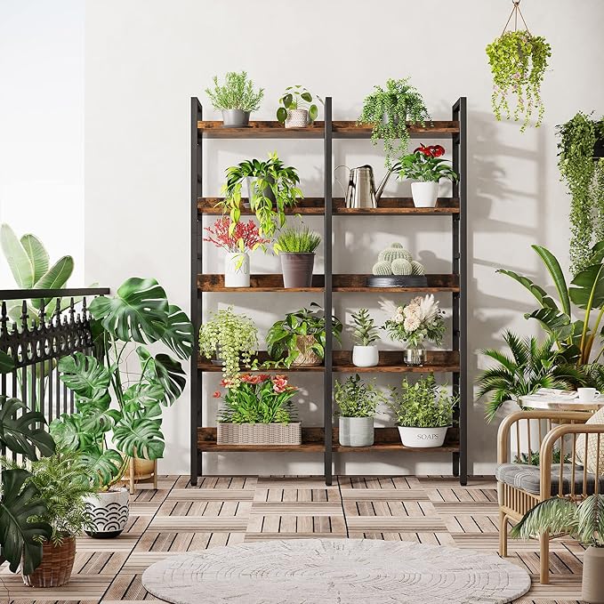 Tribesigns 5-Tier Industrial Bookshelf, 71”H x 47”W Etagere Bookcase, Freestanding Double Wide Book Shelf for Storage and Display, Wood and Metal Bookshelves for Living Room Home Office, Rustic Brown