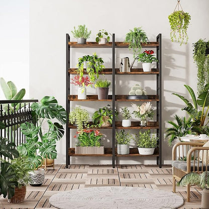 Tribesigns 5-Tier Industrial Bookshelf, 71”H x 47”W Etagere Bookcase, Freestanding Double Wide Book Shelf for Storage and Display, Wood and Metal Bookshelves for Living Room Home Office, Rustic Brown