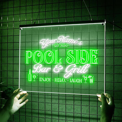 Personalized Pool Side Bar & Grill Neon Sign, Custom LED Name Sign for Backyard, Patio, Outdoor Bar, Tropical Pool Decor, Gift for Summer Fun Lovers