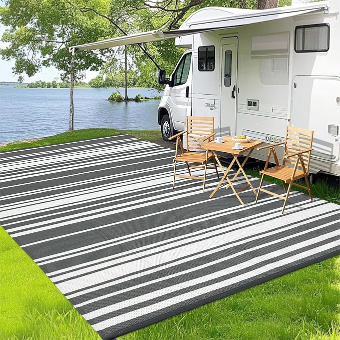 Outdoor Plastic Straw Rug 9x18 Waterproof Outside Rug, Large Modern Striped Reversible Floor Mats, Foldable & Lightweight Camping Carpet for Patio, Porch, Deck, Backyard, Balcony, Grey