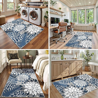 Area Rug 3x5 Blue White Washable Entry Rug Multicolored Tropical Botanical Modern Floral Indoor Kitchen Door Mat Entrance Carpet Non Slip for Bedroom Living Room, Porch