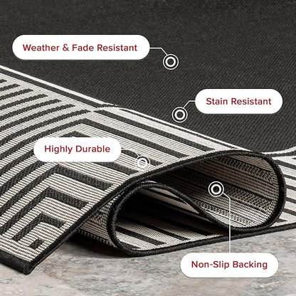 nuLOOM 5' x 8' Outdoor Area Rug, Casual Design With Striped Border, Stain Resistant, Highly Durable, For Patio, Balcony, Bedroom, Living Room, Dining Room, Bathroom, Black