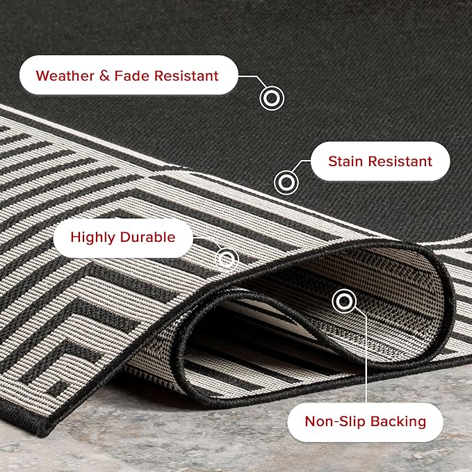 nuLOOM 4' x 6' Outdoor Area Rug, Casual Design With Striped Border, Stain Resistant, Highly Durable, For Patio, Balcony, Bedroom, Living Room, Dining Room, Bathroom, Black