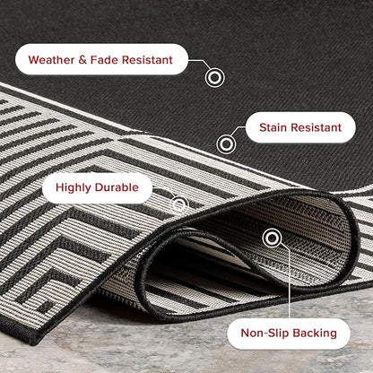 nuLOOM 4' x 6' Outdoor Area Rug, Casual Design With Striped Border, Stain Resistant, Highly Durable, For Patio, Balcony, Bedroom, Living Room, Dining Room, Bathroom, Black