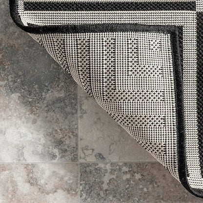 nuLOOM 4' x 6' Outdoor Area Rug, Casual Design With Striped Border, Stain Resistant, Highly Durable, For Patio, Balcony, Bedroom, Living Room, Dining Room, Bathroom, Black