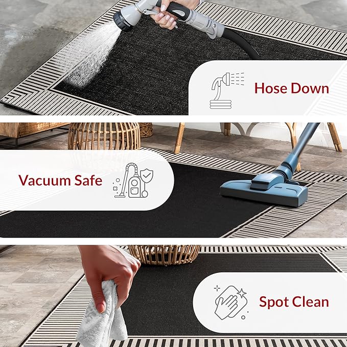 nuLOOM 5' x 8' Outdoor Area Rug, Casual Design With Striped Border, Stain Resistant, Highly Durable, For Patio, Balcony, Bedroom, Living Room, Dining Room, Bathroom, Black