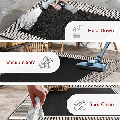 nuLOOM 5' x 8' Outdoor Area Rug, Casual Design With Striped Border, Stain Resistant, Highly Durable, For Patio, Balcony, Bedroom, Living Room, Dining Room, Bathroom, Black