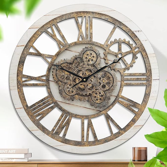 HOIBAI Wall Clock, 24 Inch Moving Gears Clock Large Wall Clock for Living Room Decor Rustic Vintage Industrial Steampunk Farmhouse Big Clock for Home Kitchen Bedroom Office