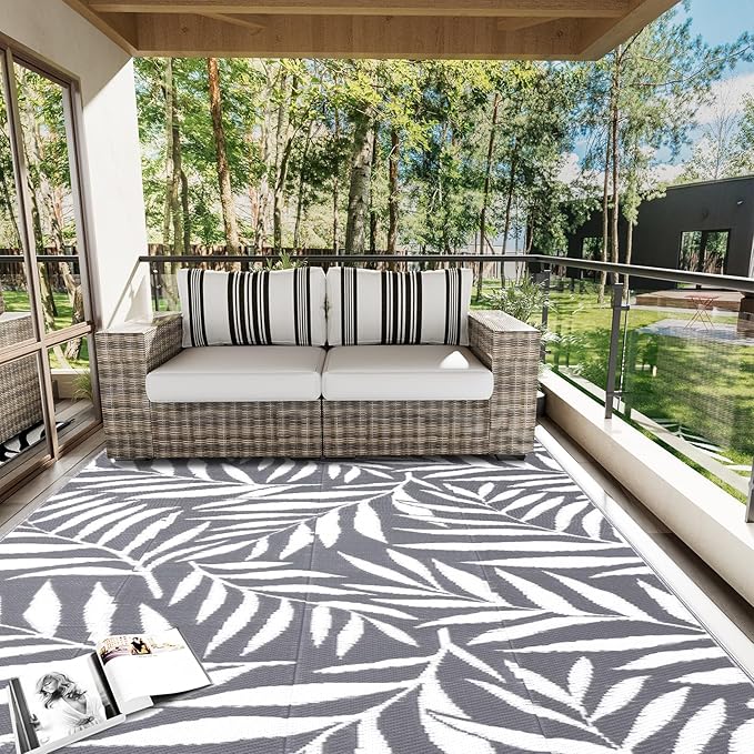 OLANLY Waterproof Outdoor Rug 9x12 ft, Reversible Outdoor Plastic Straw Rug with Leaf Pattern, RV Mat, Indoor Outdoor Carpet for Patio, Camping, Balcony, Deck, Backyard, Grey & White