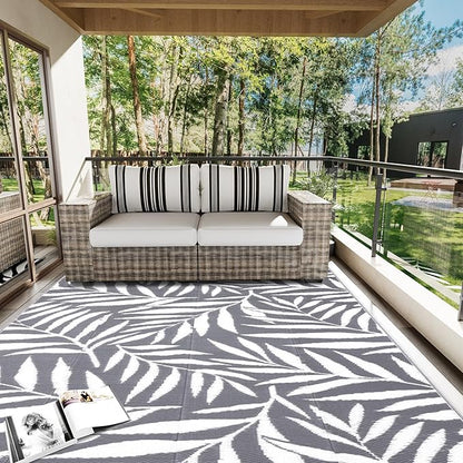 OLANLY Waterproof Outdoor Rug 9x12 ft, Reversible Outdoor Plastic Straw Rug with Leaf Pattern, RV Mat, Indoor Outdoor Carpet for Patio, Camping, Balcony, Deck, Backyard, Grey & White