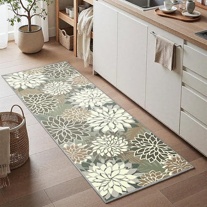 Area Rug 2x6 Brown White Washable Entry Rug Multicolored Tropical Botanical Modern Floral Indoor Kitchen Door Mat Entrance Carpet Non Slip for Bedroom Living Room, Porch