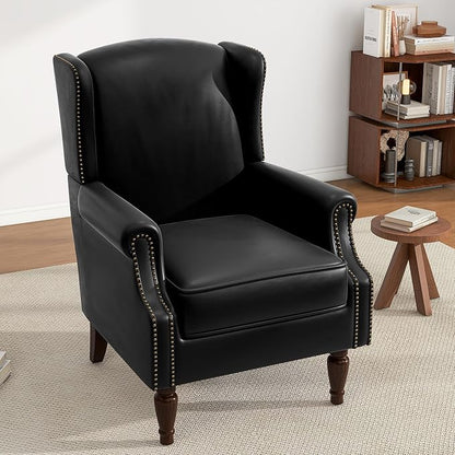 UIXE PU Leather High Back Accent Chair, Upholstered Armchair for Living Room, Retro Wingback Arm Chair Nailhead Trim Single Sofa Bedroom Reading Seat with Solid Wood Legs - Black