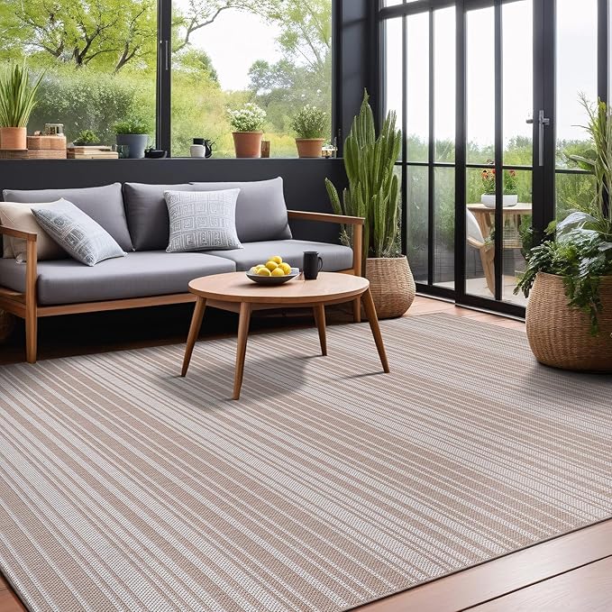Stripe Outdoor Rug 9x12 Washable Outside Carpet for Indoor Patio Porch Waterproof Easy Cleaning Non Shedding Area Rugs Beige 9 x 12