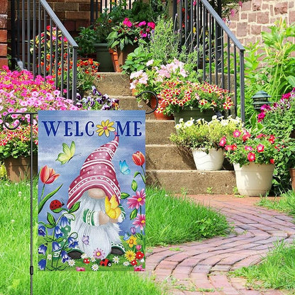Welcome Spring Gnome Garden Flag 12x18 Double Sided Burlap Butterfly Floral Garden Yard Flags for Spring Summer Rustic Seasonal Outside Outdoor House Decoration (ONLY FLAG)